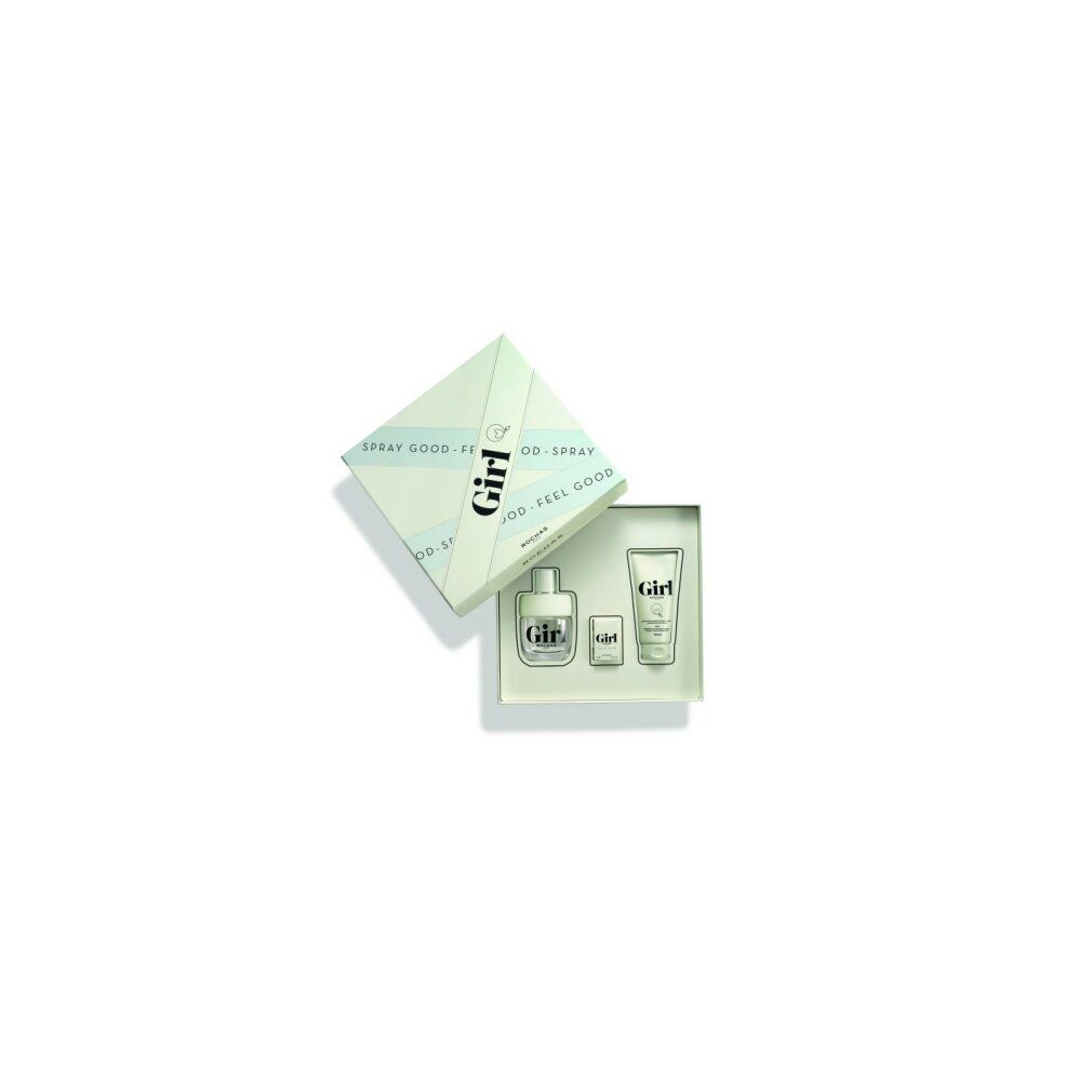 Rochas Girl Set: Open doos met Eau de Toilette flesje, klein flesje en peeling-gel tube.