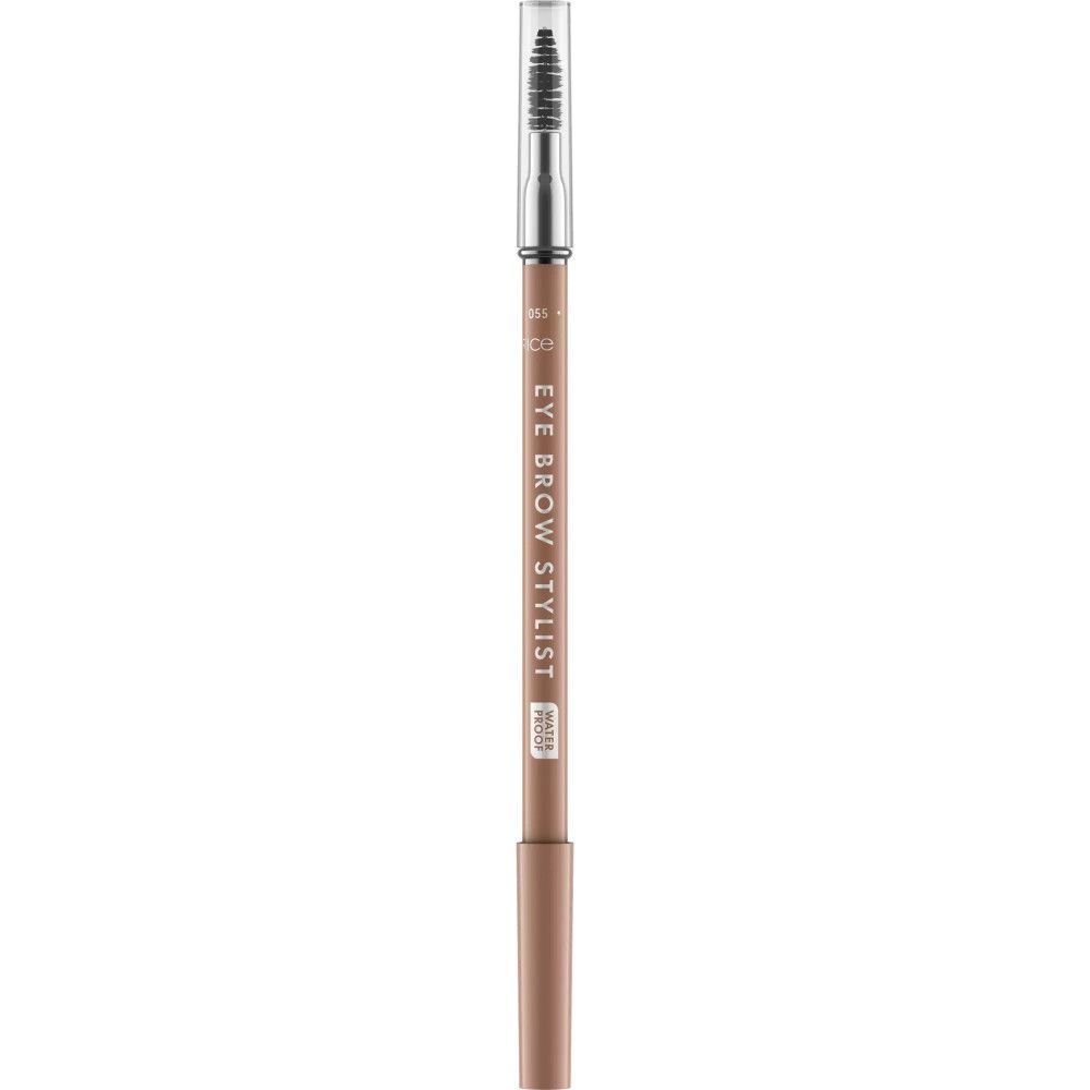 Crayon à sourcils avec brosse. Mine brun clair, brosse argentée, crayon brun. Inscription : EYE BROW STYLIST, WATER PROOF.