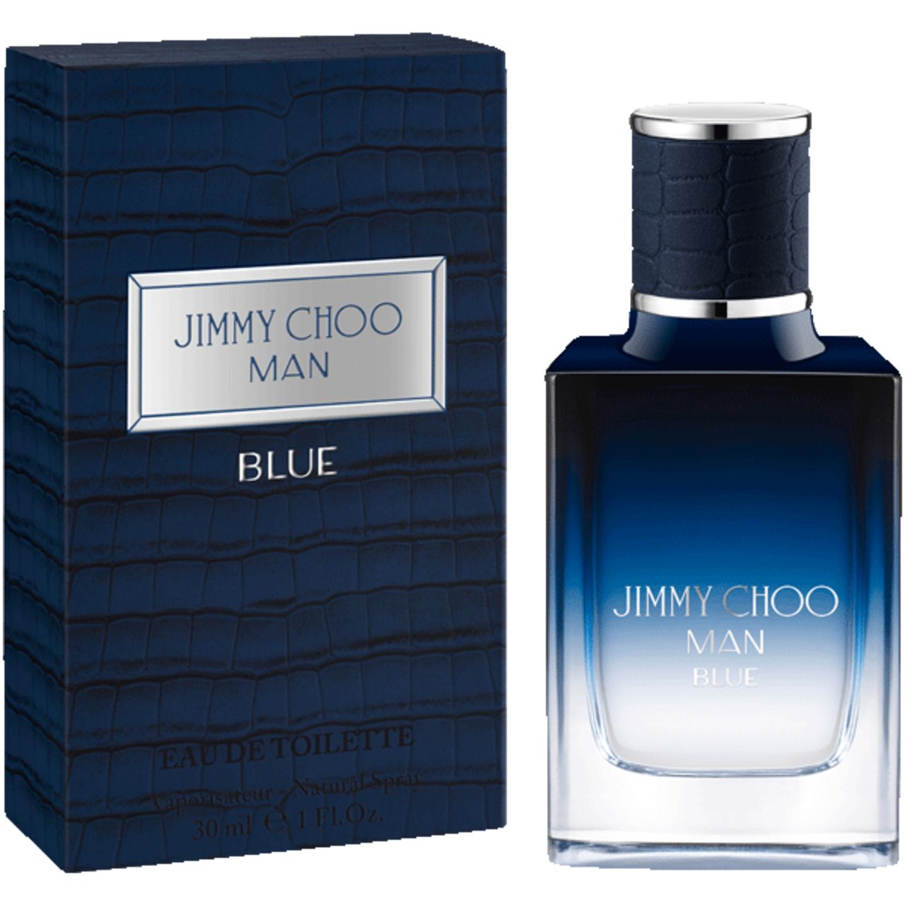 Eau de toilette bleu avec flacon et emballage rectangulaires. Inscription : JIMMY CHOO MAN BLUE.