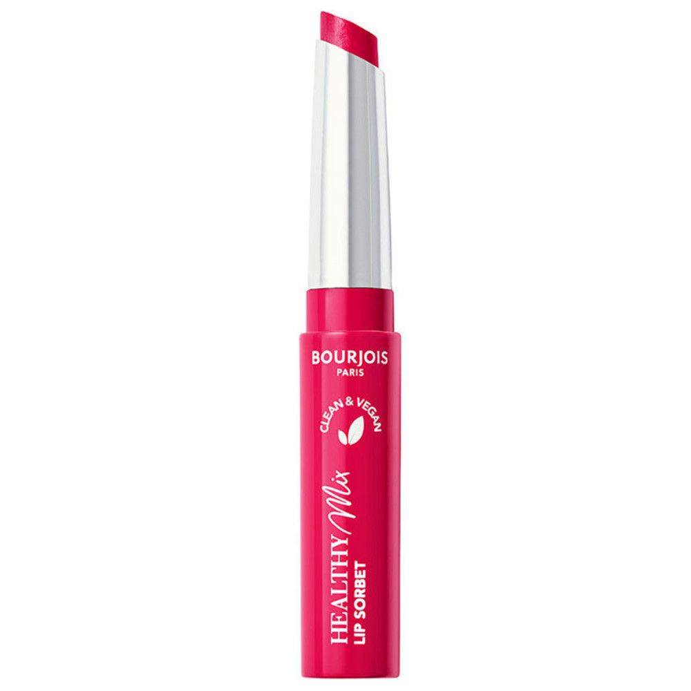 Bourjois Healthy Mix Lip Sorbet, étui rose, capuchon ouvert. Texte : Clean & Vegan. Inscription : Healthy Mix Lip Sorbet.