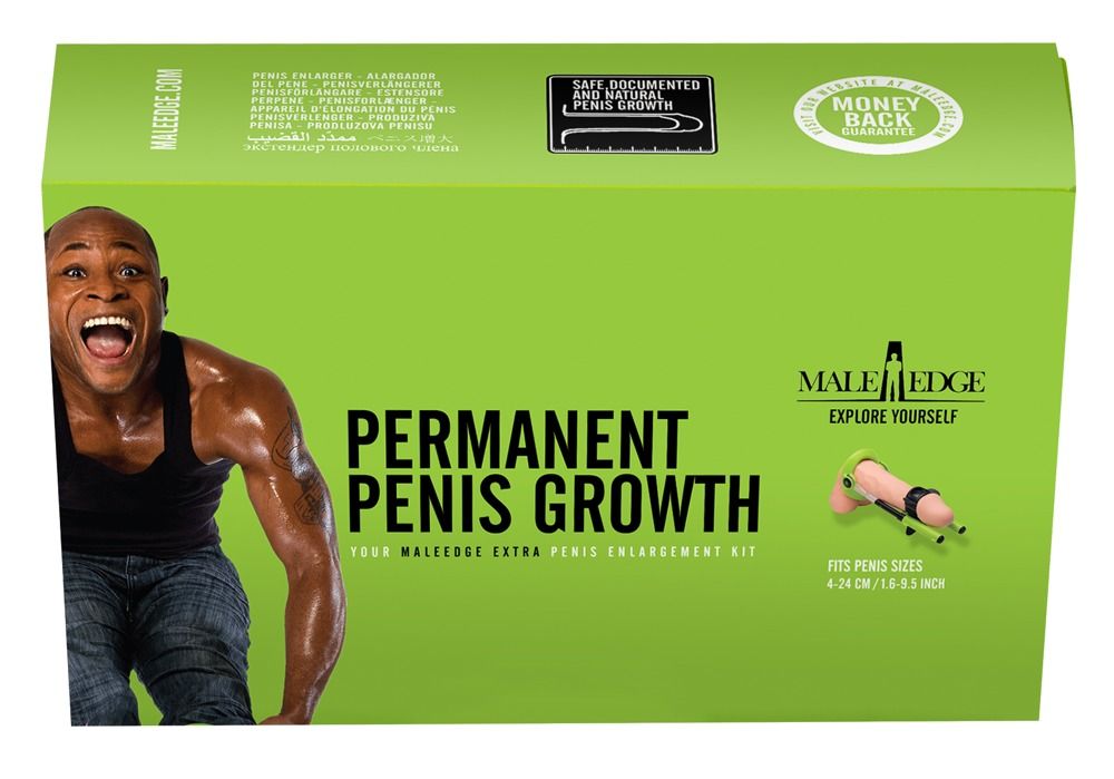 Emballage du kit d'agrandissement du pénis MaleEdge Estensore Extra avec image d'homme et du produit.