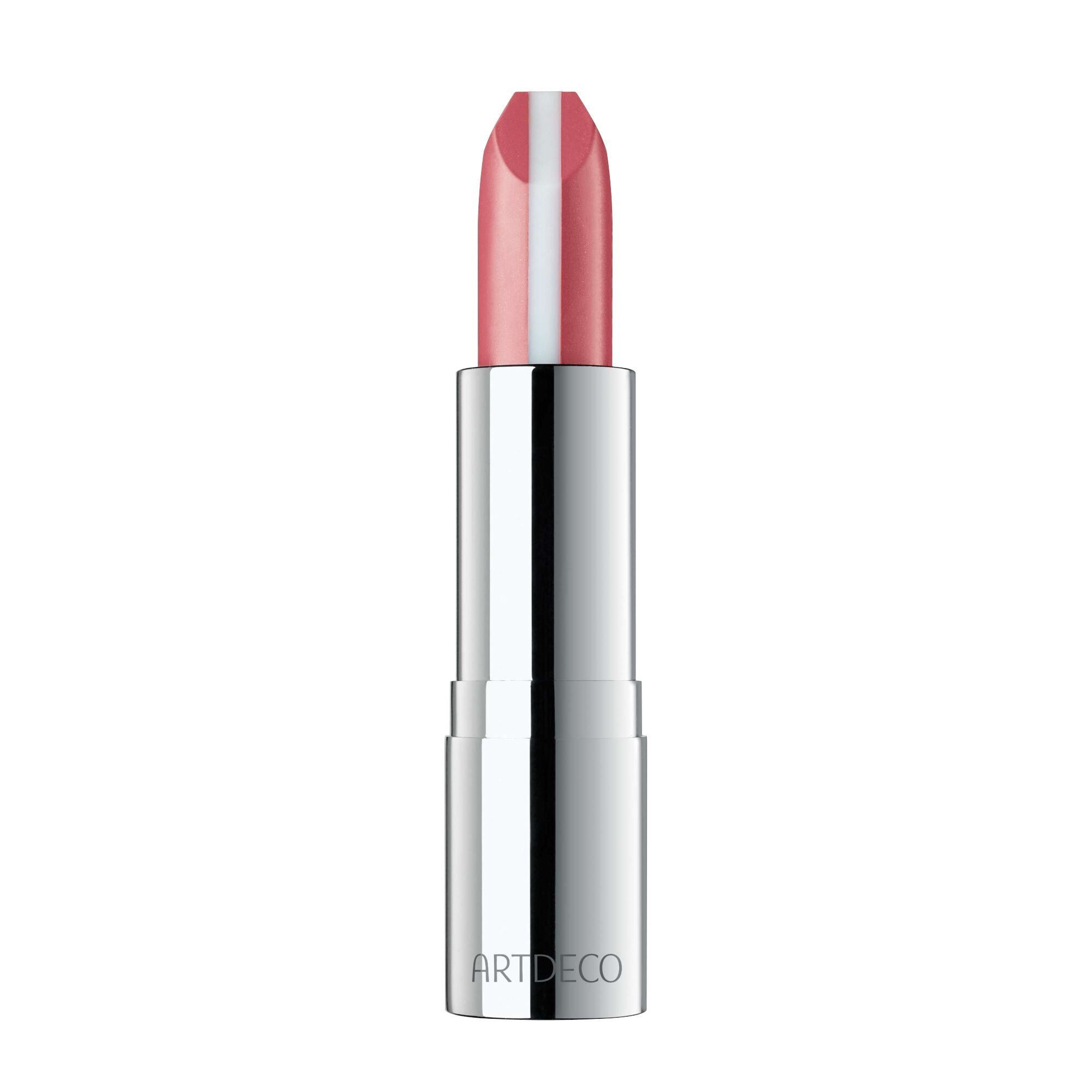 Lippenstift met roze kleur en witte streep. Zilverkleurige houder. Tekst: ARTDECO.