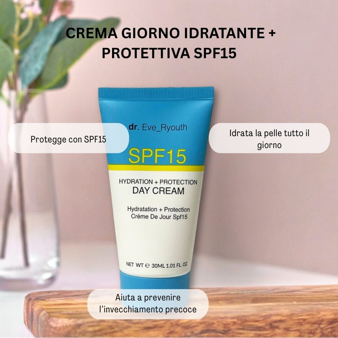 Tube avec "dr. Eve_Ryouth" et "SPF15". Texte: "Hydratation + Protection Day Cream". Sur planche de bois, bulles de texte.