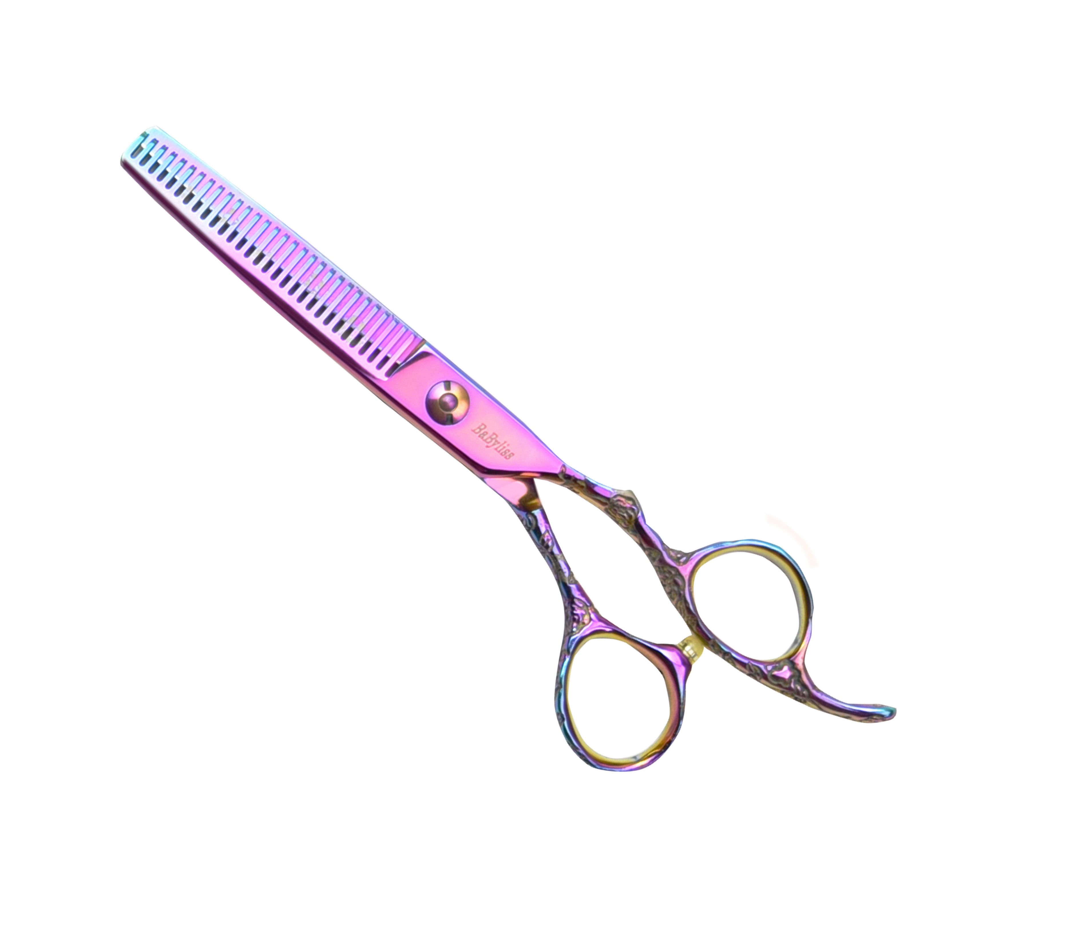 Ciseaux à dents unilatérales. Métal multicolore, rose et bleu. Poignées avec trous pour les doigts. Inscription sur la lame.