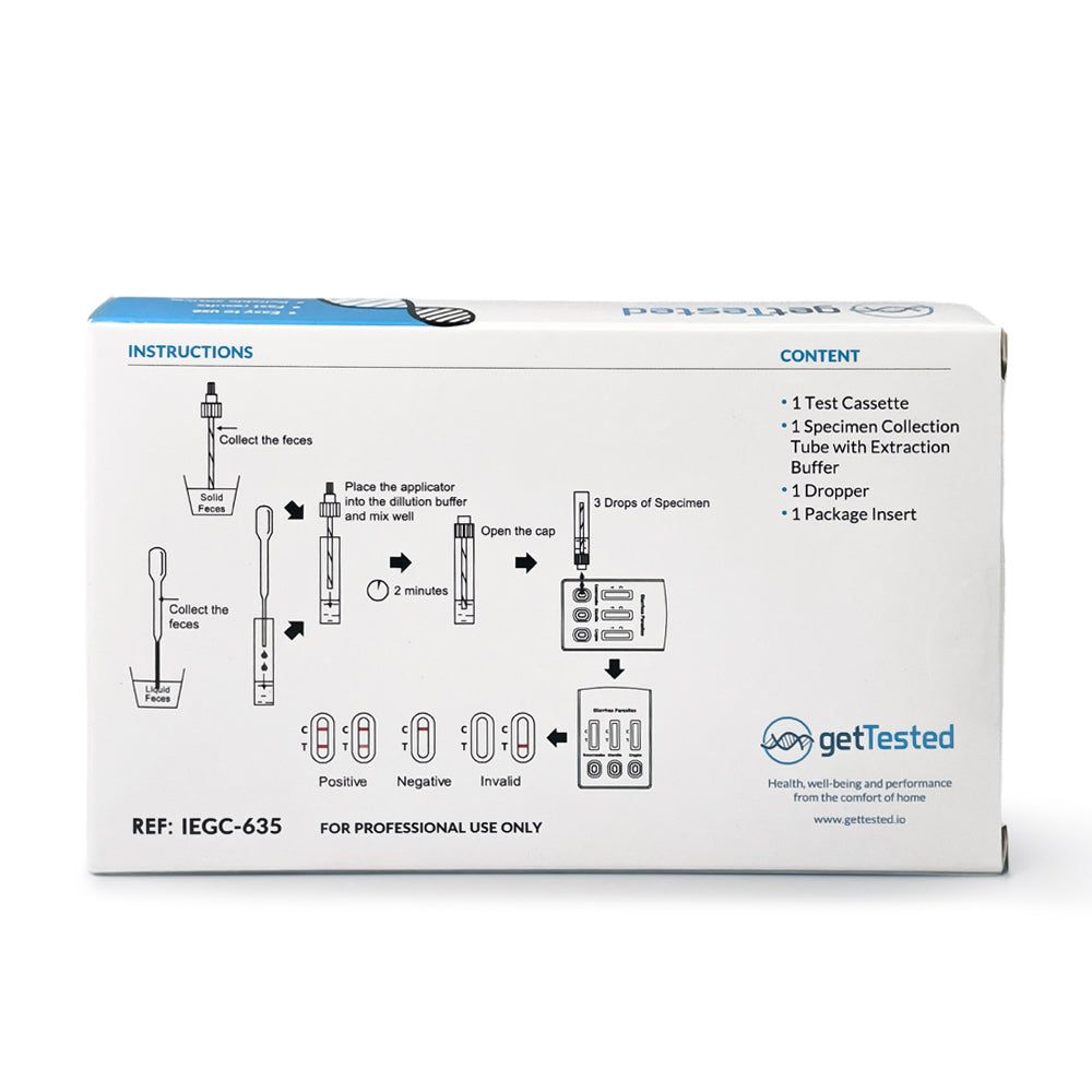 Achterkant GetTested Parasiet Test verpakking. Gebruiksillustraties. Bevat: testcassette, buisje, buffer, druppelaar, bijsluiter.