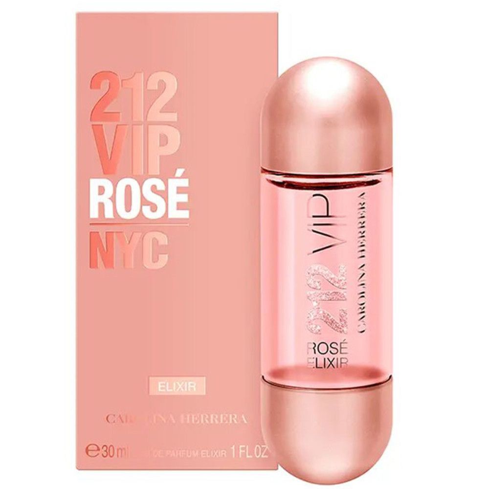 Flacon et boîte roses. Inscription: 212 VIP Rosé Elixir NYC. Marque: Carolina Herrera. Flacon: 1 FL OZ.