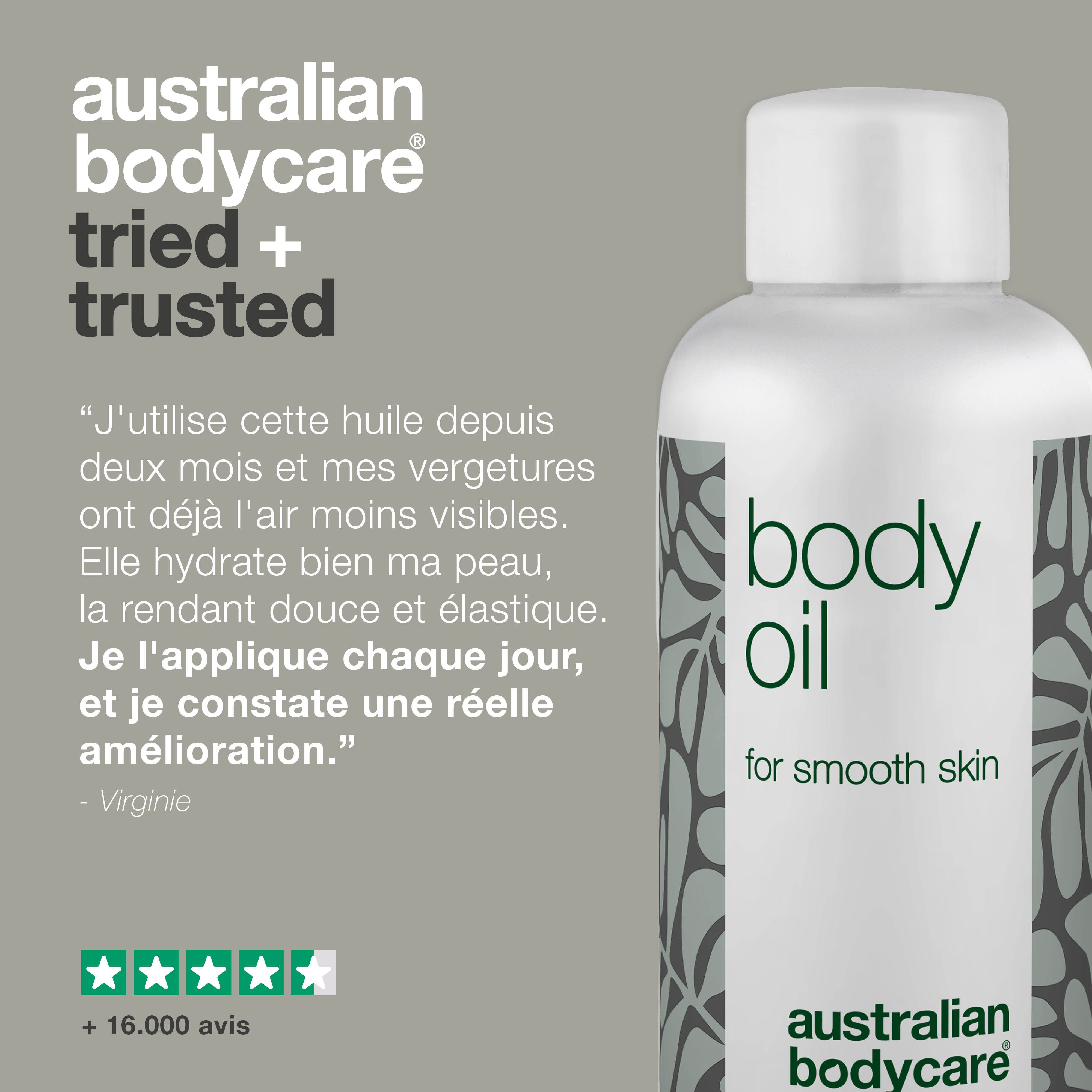 Flacon avec « body oil ». Texte : J'utilise l'huile, mes vergetures sont moins visibles. Design gris.