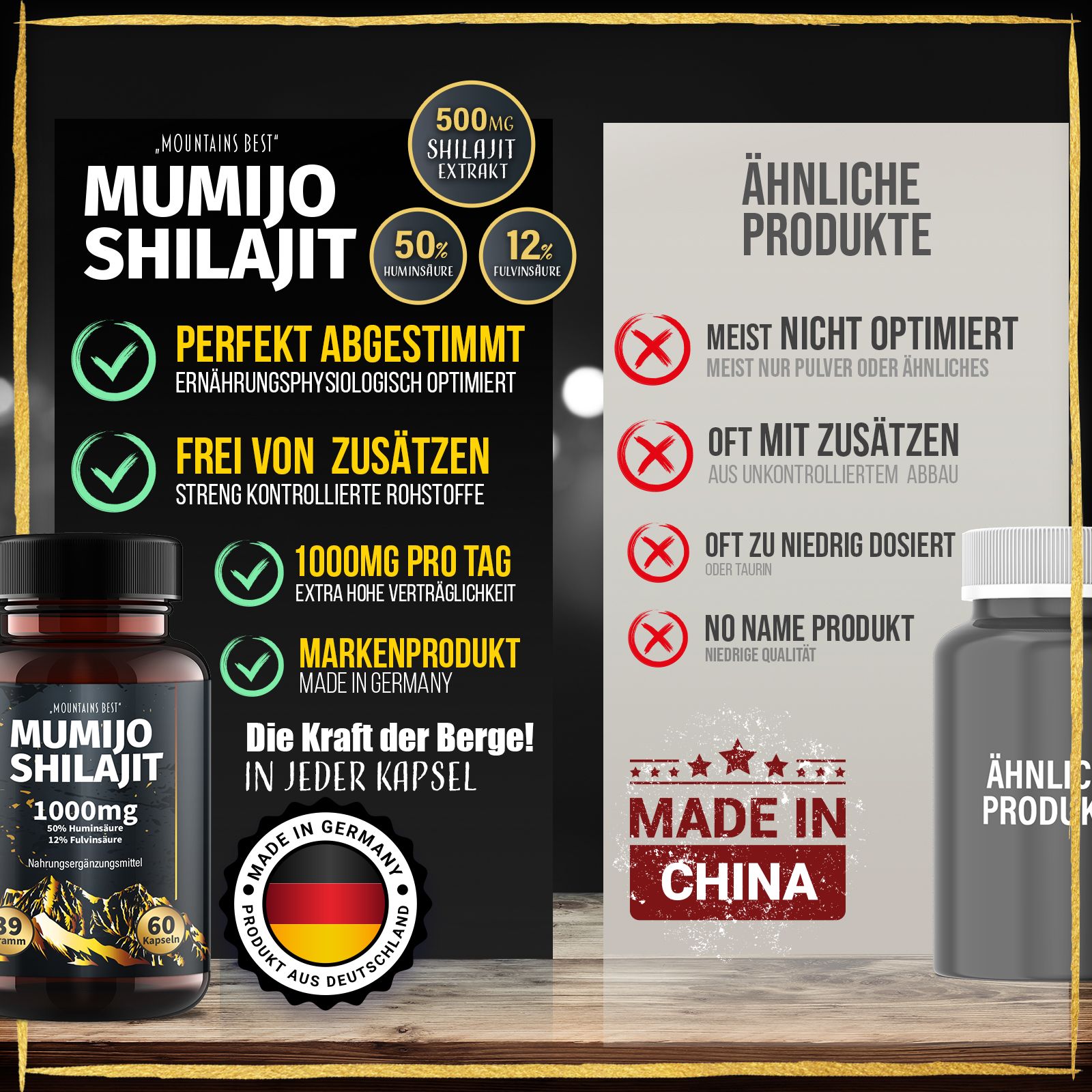 Comparaison de produits. Gauche : Mumijo Shilajit, 1000mg, 60 gélules. Droite : Produit similaire. Fabriqué en Allemagne, Chine.