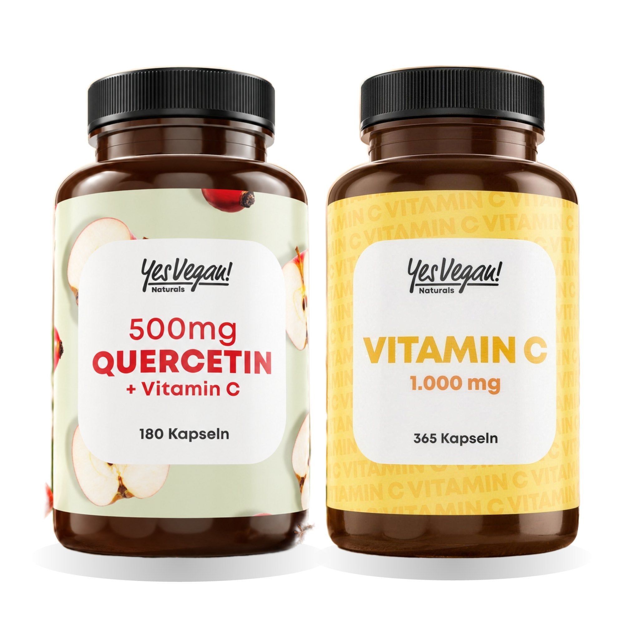 Twee flessen voedingssupplementen: 500mg Quercetine + Vitamine C en Vitamine C 1.000 mg.