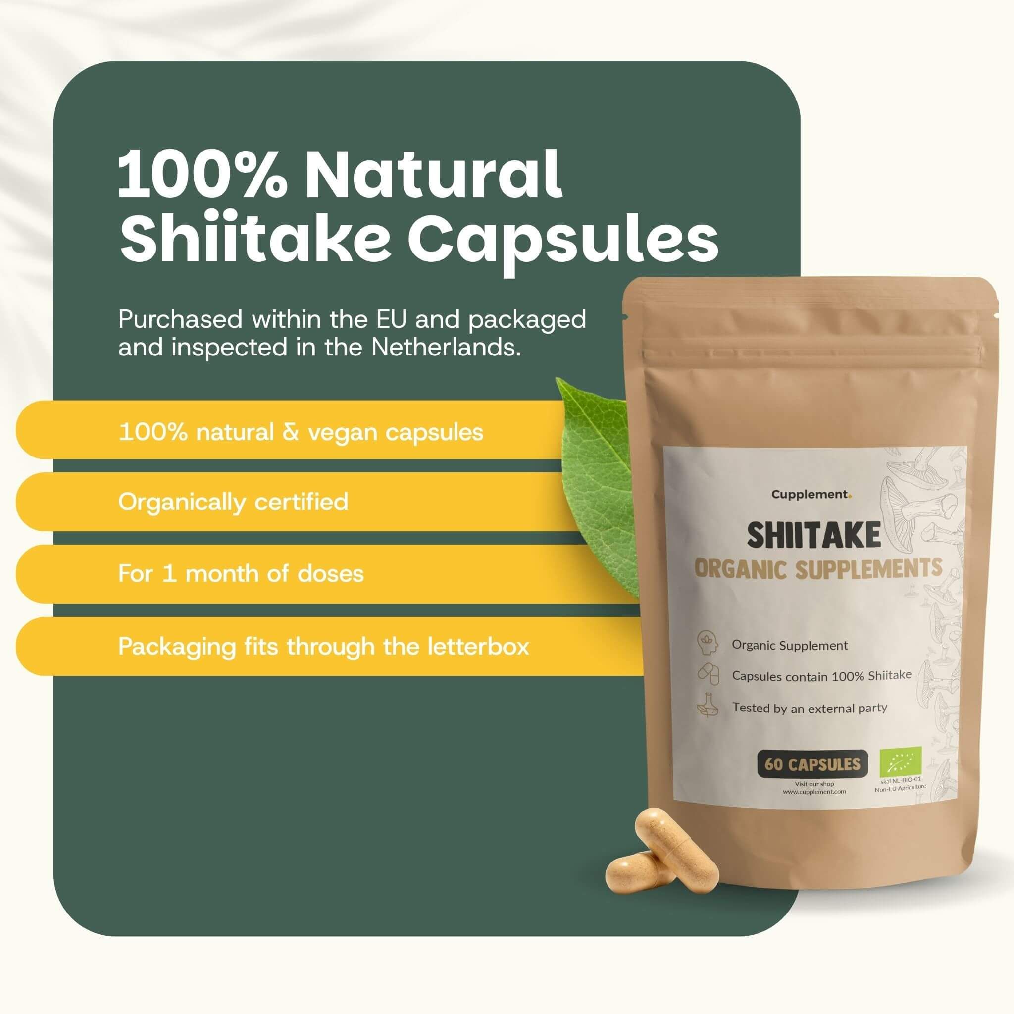 Sachet de gélules de shiitake. Texte : Gélules de shiitake 100% naturelles. Certifié bio, pour 1 mois de doses. Deux gélules à côté.