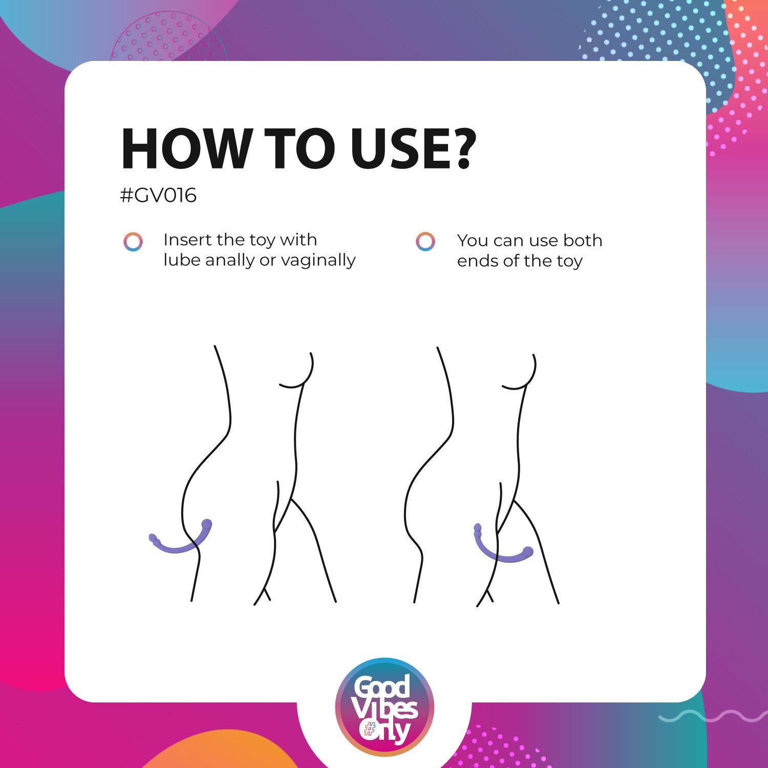 Infographic »HOW TO USE?« met illustraties. Producttoepassing: anaal of vaginaal. Logo »Good Vibes Only«.