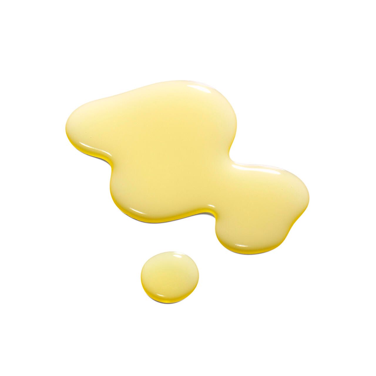 Twee gele olievlekken op witte achtergrond. Een grote en een kleine.