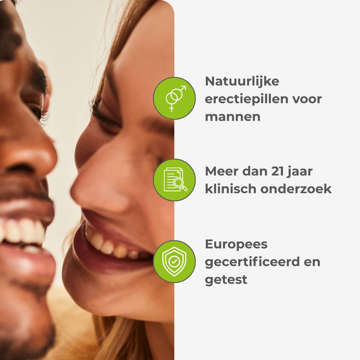 Gezichten van een man en een vrouw. Tekst: Natuurlijke erectiepillen voor mannen. Meer dan 21 jaar klinisch onderzoek.