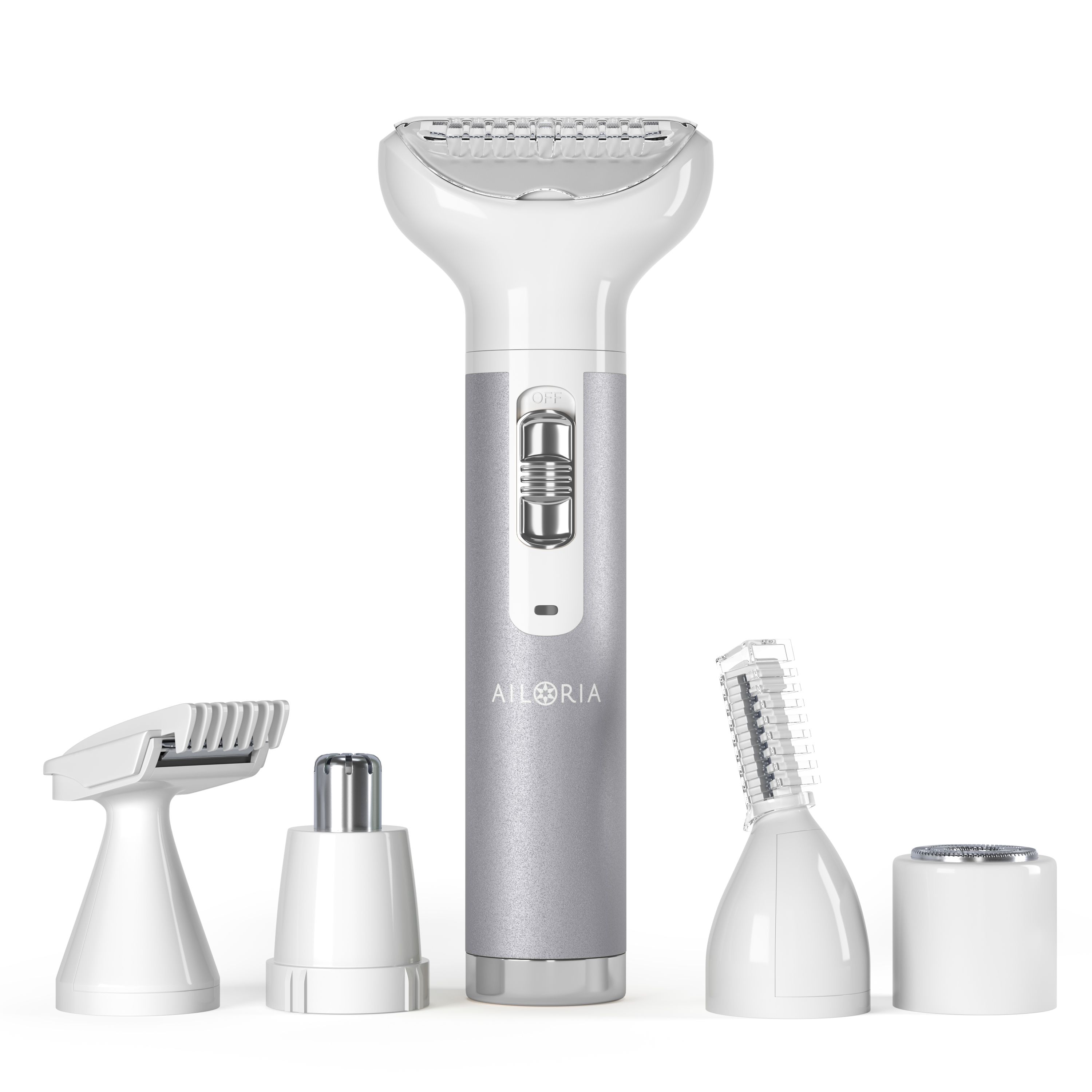 Rasoir avec accessoires. Argent et blanc. Accessoires : bikini, nez, corps, sourcils, visage. Logo AILORIA.