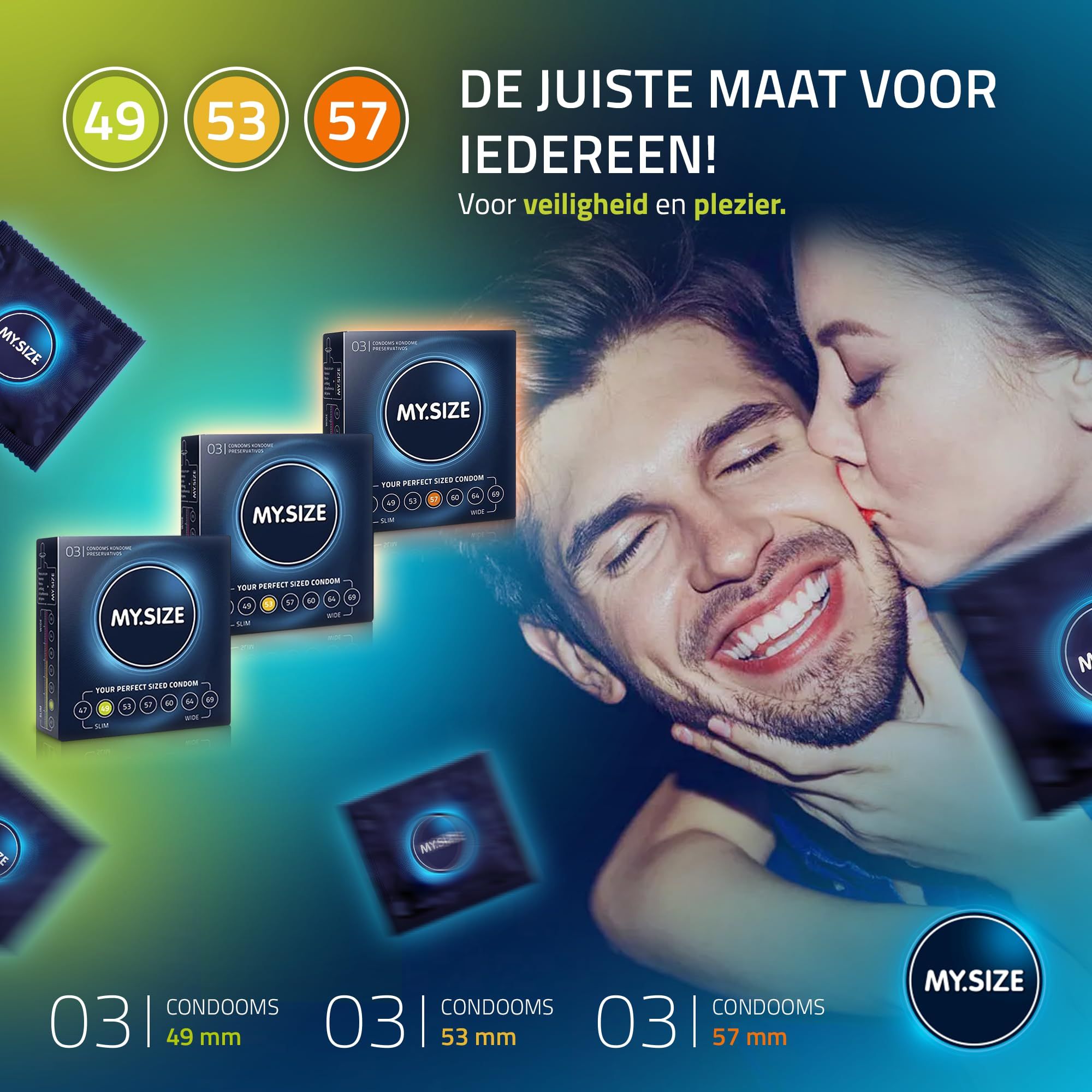 Blauw condoom met iconen: zeer dun, natuurlijk latex, beste pasvorm, geurloos, duurzaam, vegan, geen dierproeven. 0,07mm.