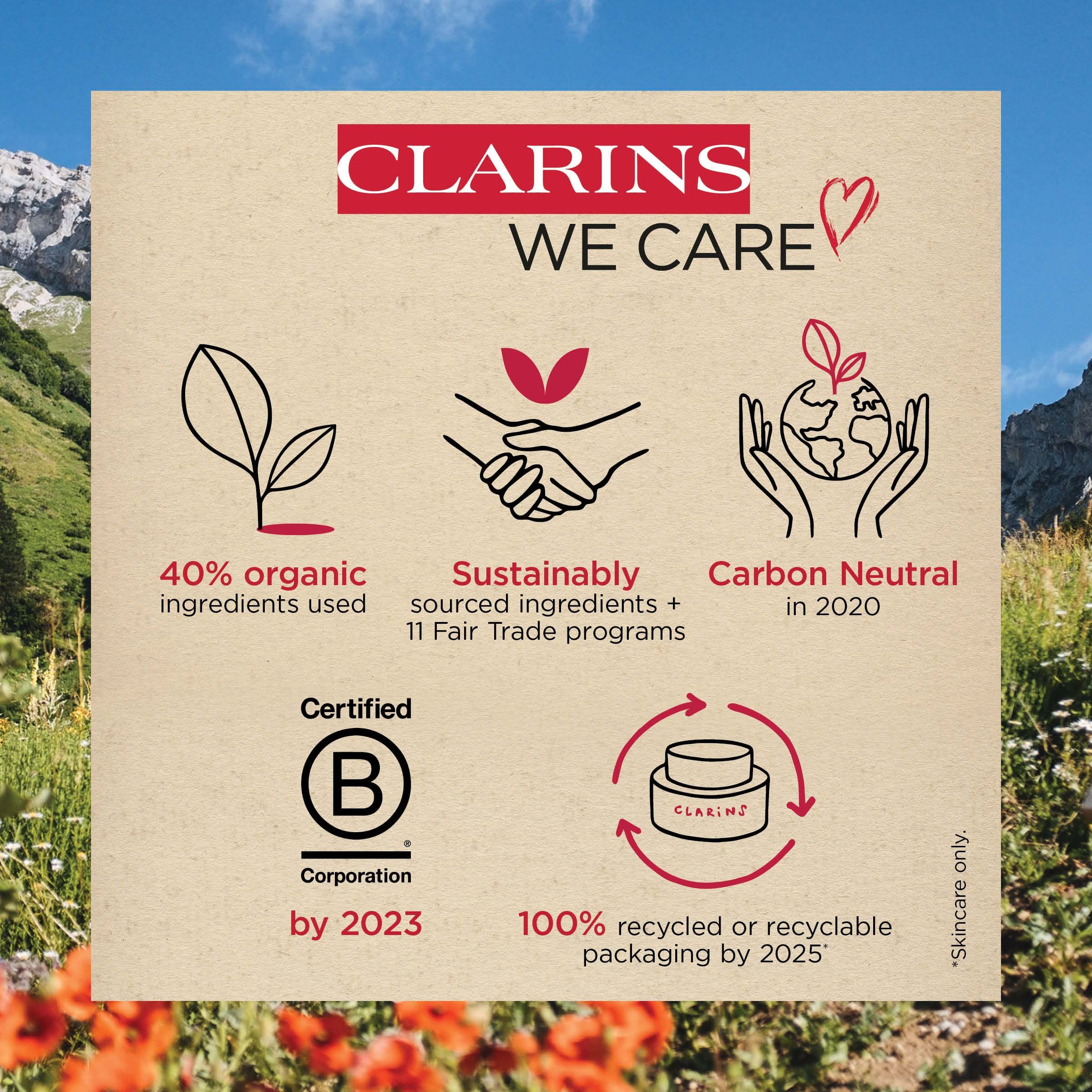 Infographic met logo's en teksten. Bevat informatie over duurzaamheid en certificeringen van Clarins.