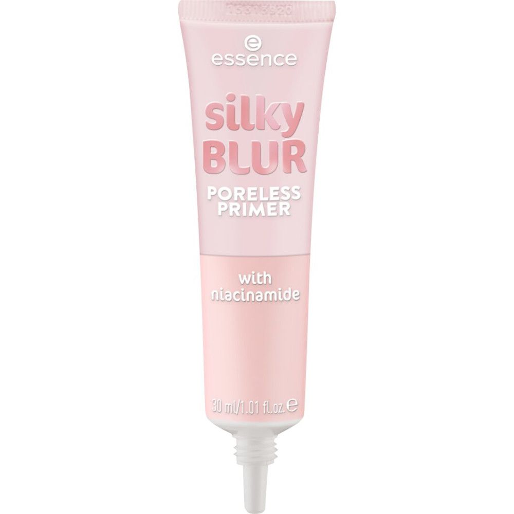 Tube rose avec applicateur blanc. Inscription : Silky Blur Poreless Primer avec niacinamide. Marque : Essence.