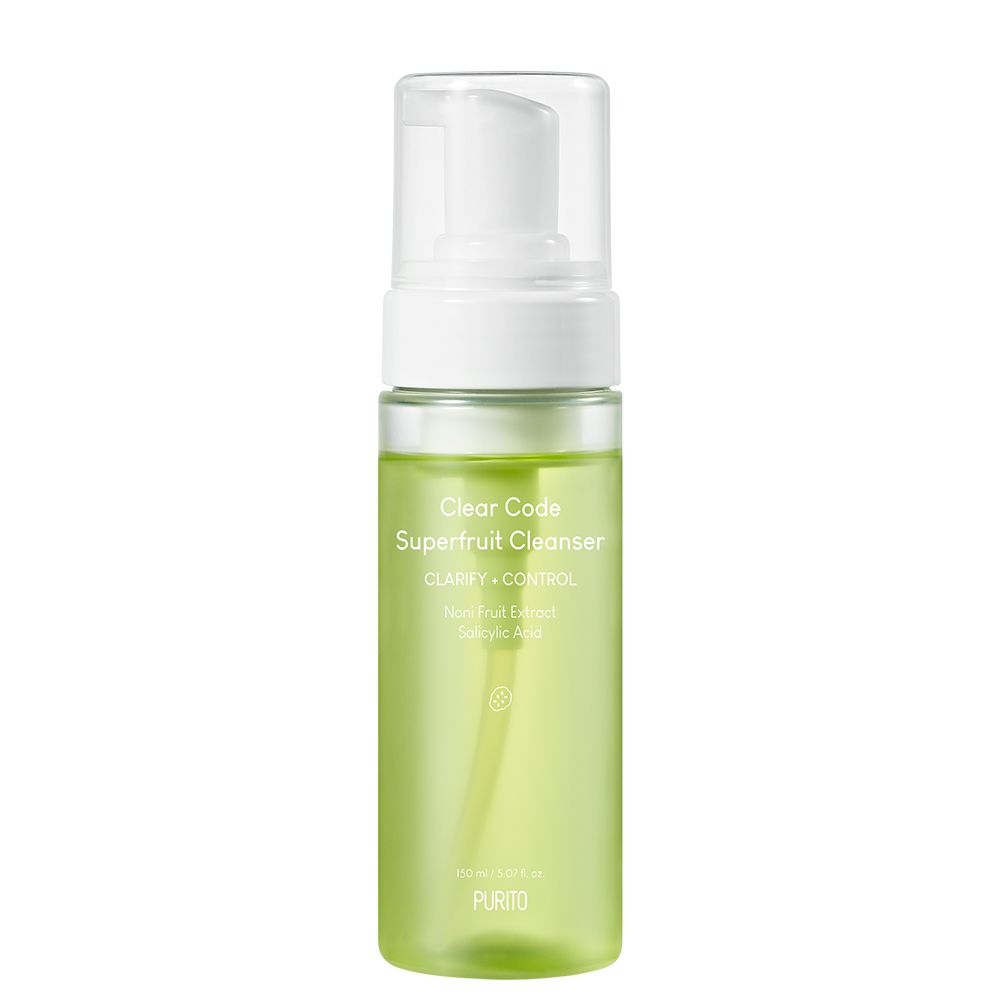 Groene fles met pompdosering, Clear Code Superfruit Cleanser.