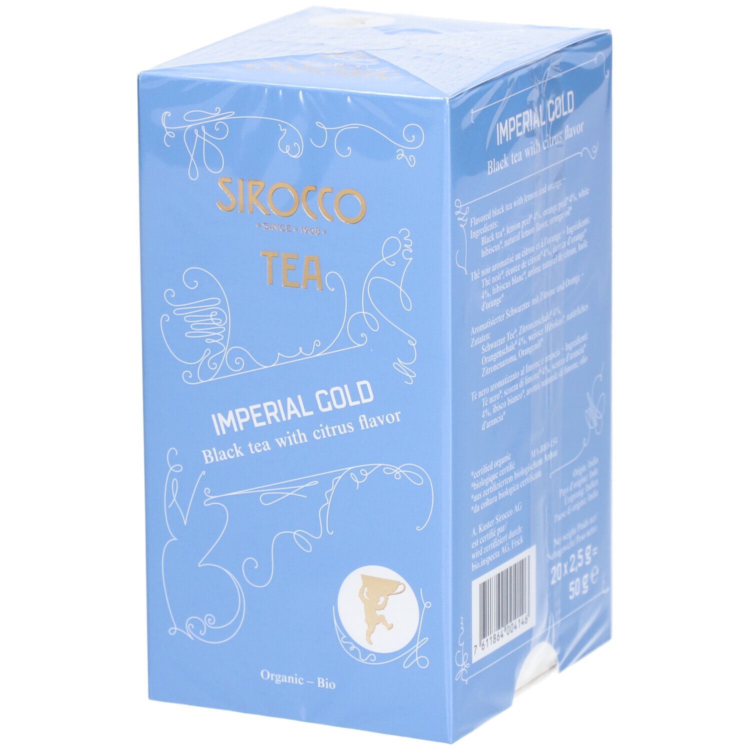 Boîte bleu clair "Sirocco Tea Imperial Gold Black mit Zitrone & Orange". Emballée dans du film plastique.