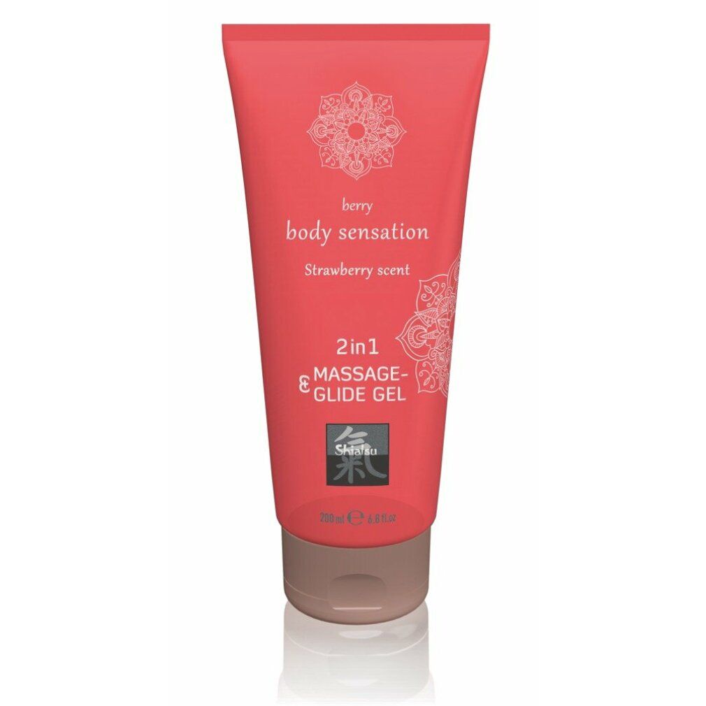 Tube rouge de gel 2 en 1 pour massage et glisse, parfum fraise. 200ml.