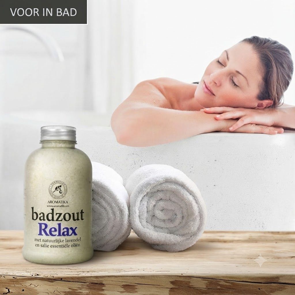 Fles badzout met lavendel en essentiële oliën.