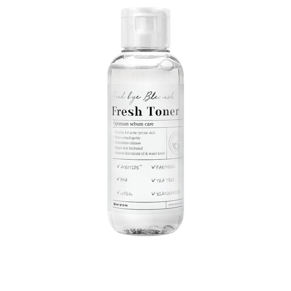 Transparante fles met witte dop. Opschrift: Fresh Toner. Tekst: Optimum sebum care. Ingrediënten.