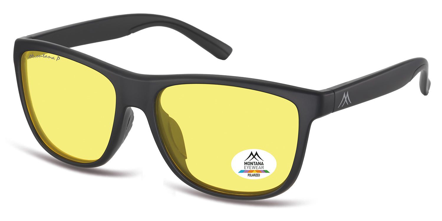Zwarte zonnebril met gele glazen. Montana Eyewear logo en polarisatie sticker. Rechthoekige vorm.