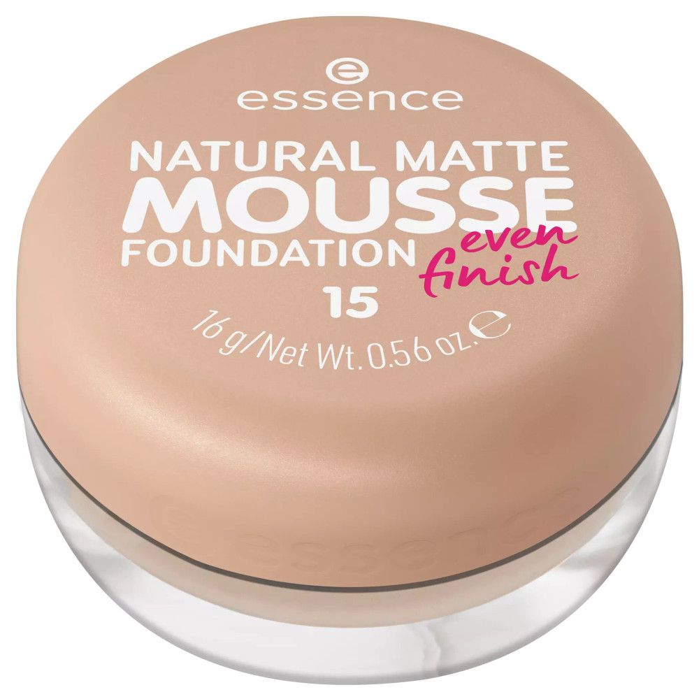 Ronde, beige foundation-container met deksel. Opschrift: Natural Matte Mousse Foundation, 15, even finish.