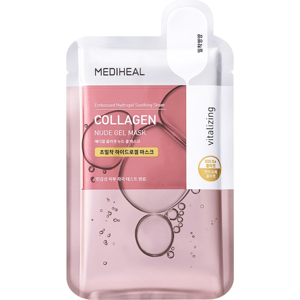 Emballage du MEDIHEAL Collagen Nude Gel Hydrogelmaske. Liquide rose, bulles et informations sur le produit.