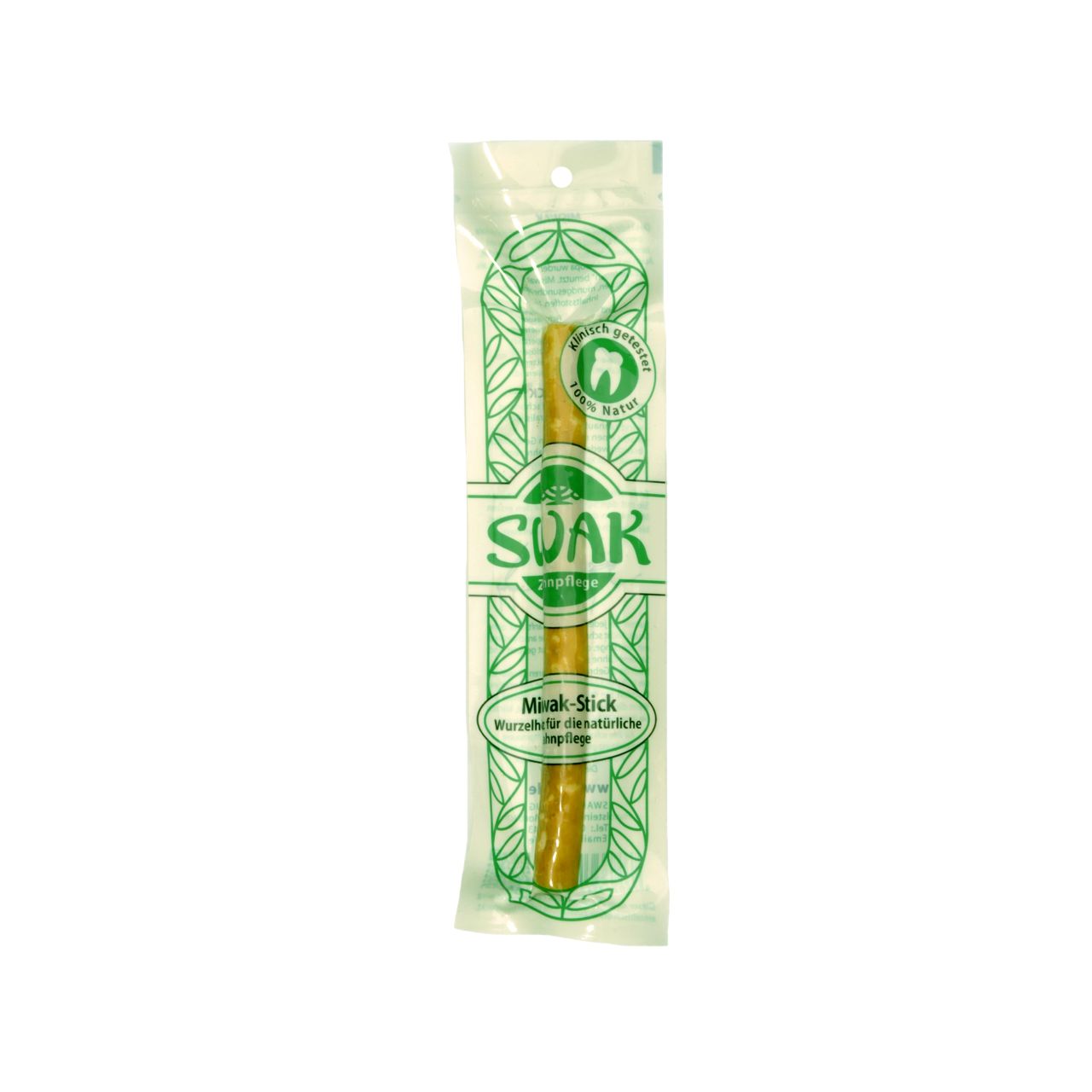 Bâtonnet dentaire dans emballage transparent. Inscription: SWAK, Mirak-Stick, 100% naturel.