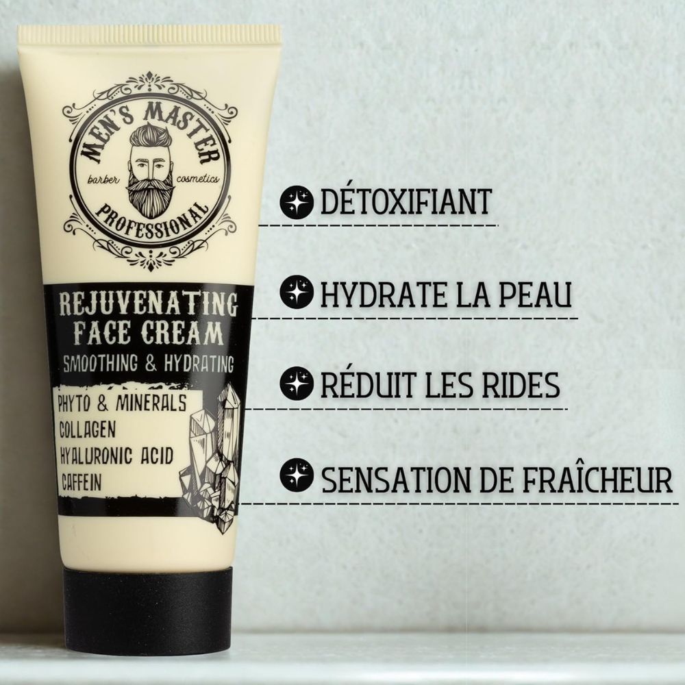 Tube de crème. Inscription : Men's Master, Rejuvenating Face Cream. Texte et cristaux.