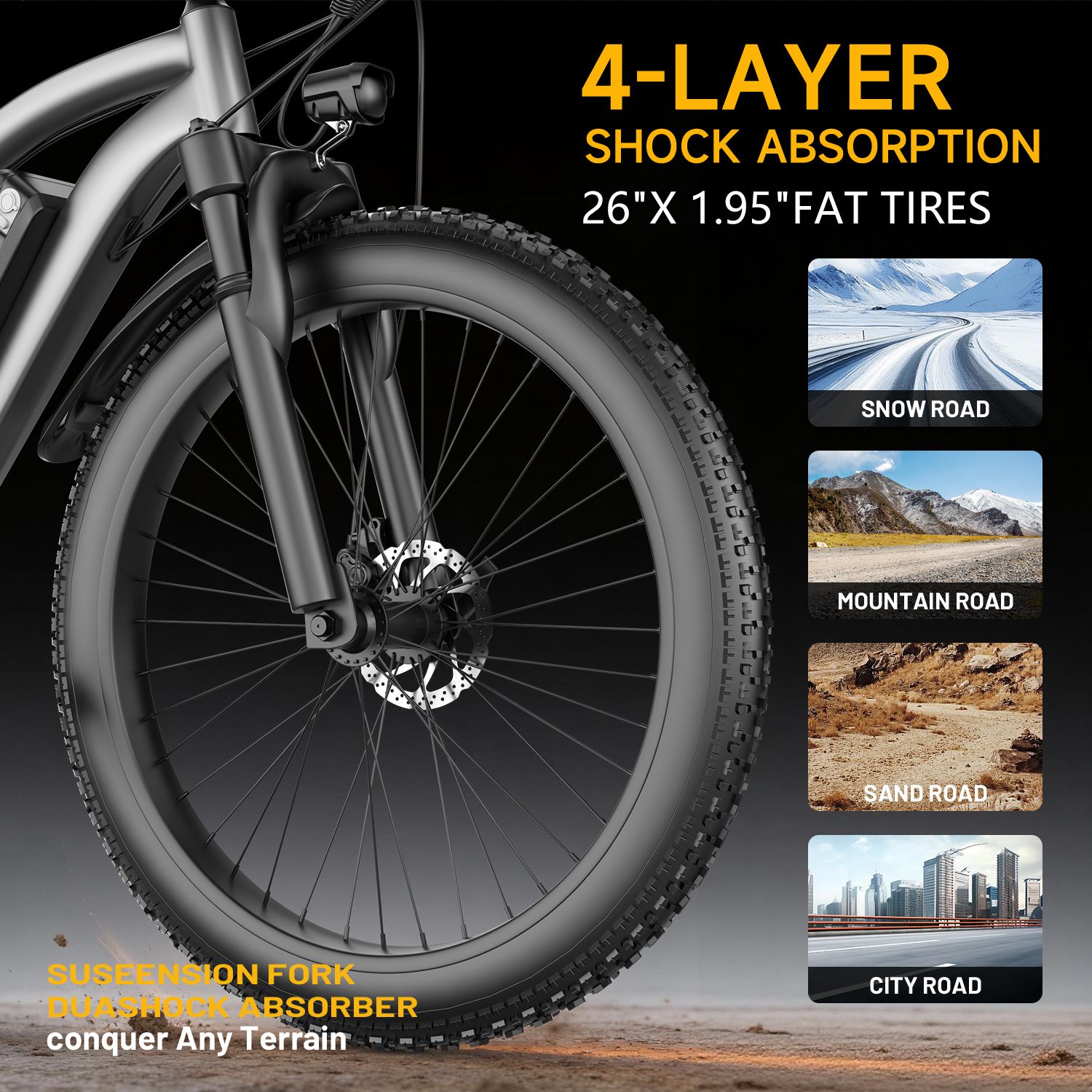 Roue avant avec amortissement 4 couches et pneus Fat 26x1.95". Illustrations pour différents types de routes.