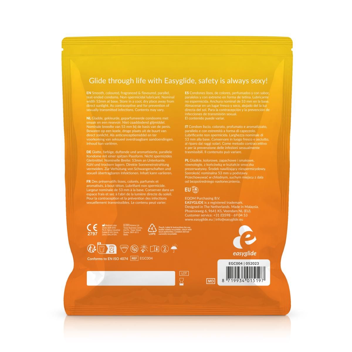 Achterkant van de EasyGlide condoomverpakking met productinformatie en CE-markering.