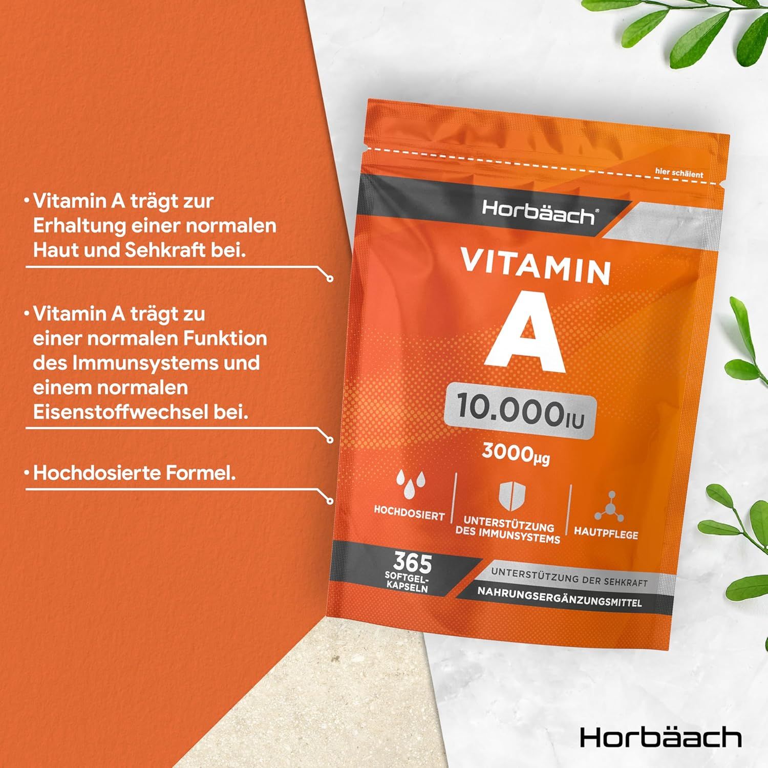 Oranje verpakking met vitamine A 10.000 IE capsules. Tekst: Hoog gedoseerd, ondersteuning immuunsysteem, huidverzorging, 365 softgel capsules.