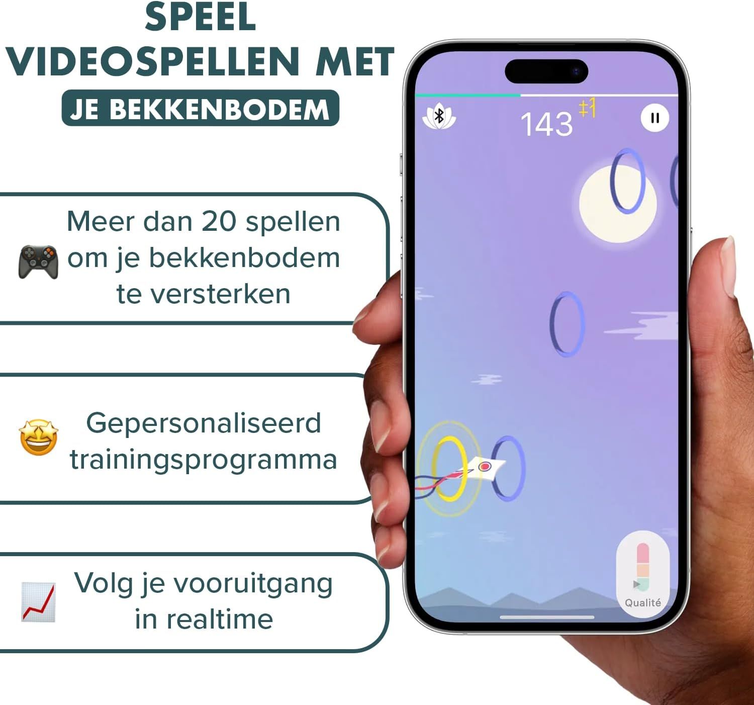 Smartphone met Perifit app, toont games voor bekkenbodemversterking en trainingsvoortgang.