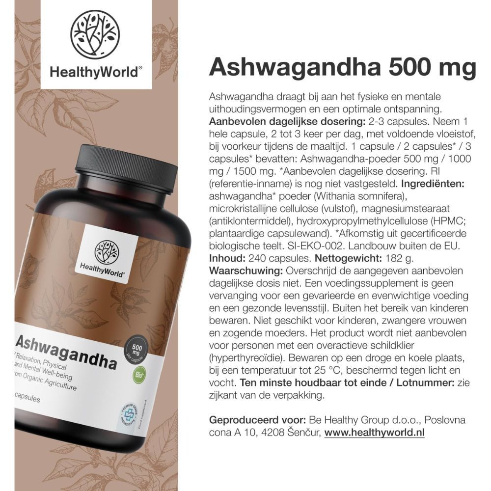 Fles met Ashwagandha capsules. Tekst: HealthyWorld, 500 mg, 240 capsules. Ingrediënten, dosering.