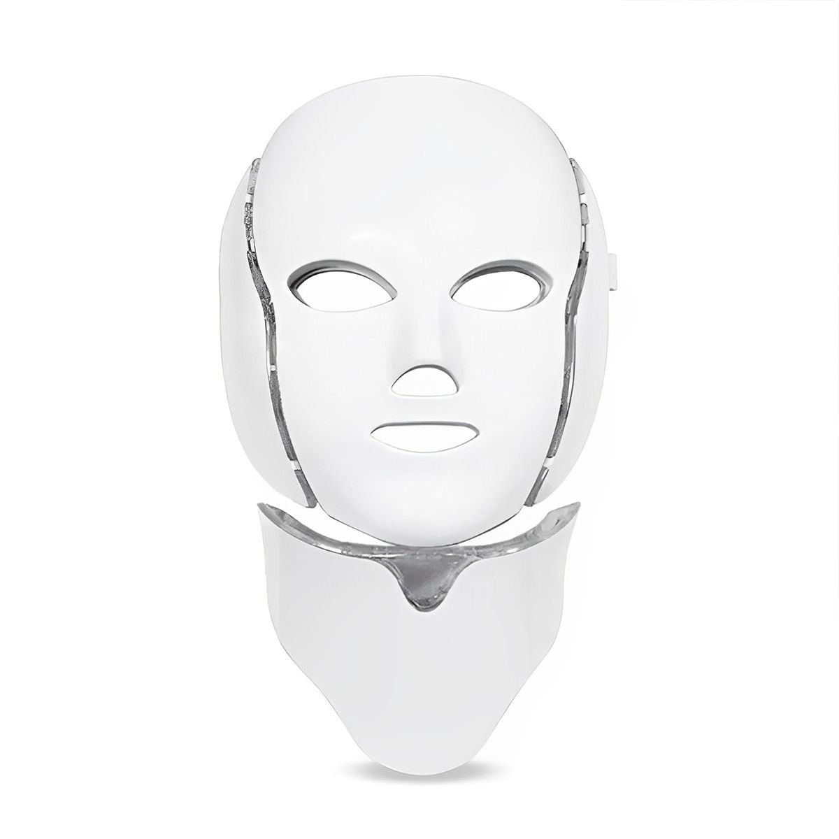 Masque LED facial blanc avec extension de cou amovible, isolé sur fond blanc.