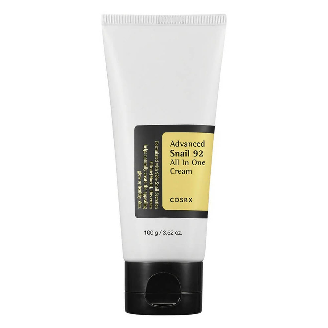 Tube de crème COSRX Advanced Snail 92 All in One avec bouchon noir et étiquette.