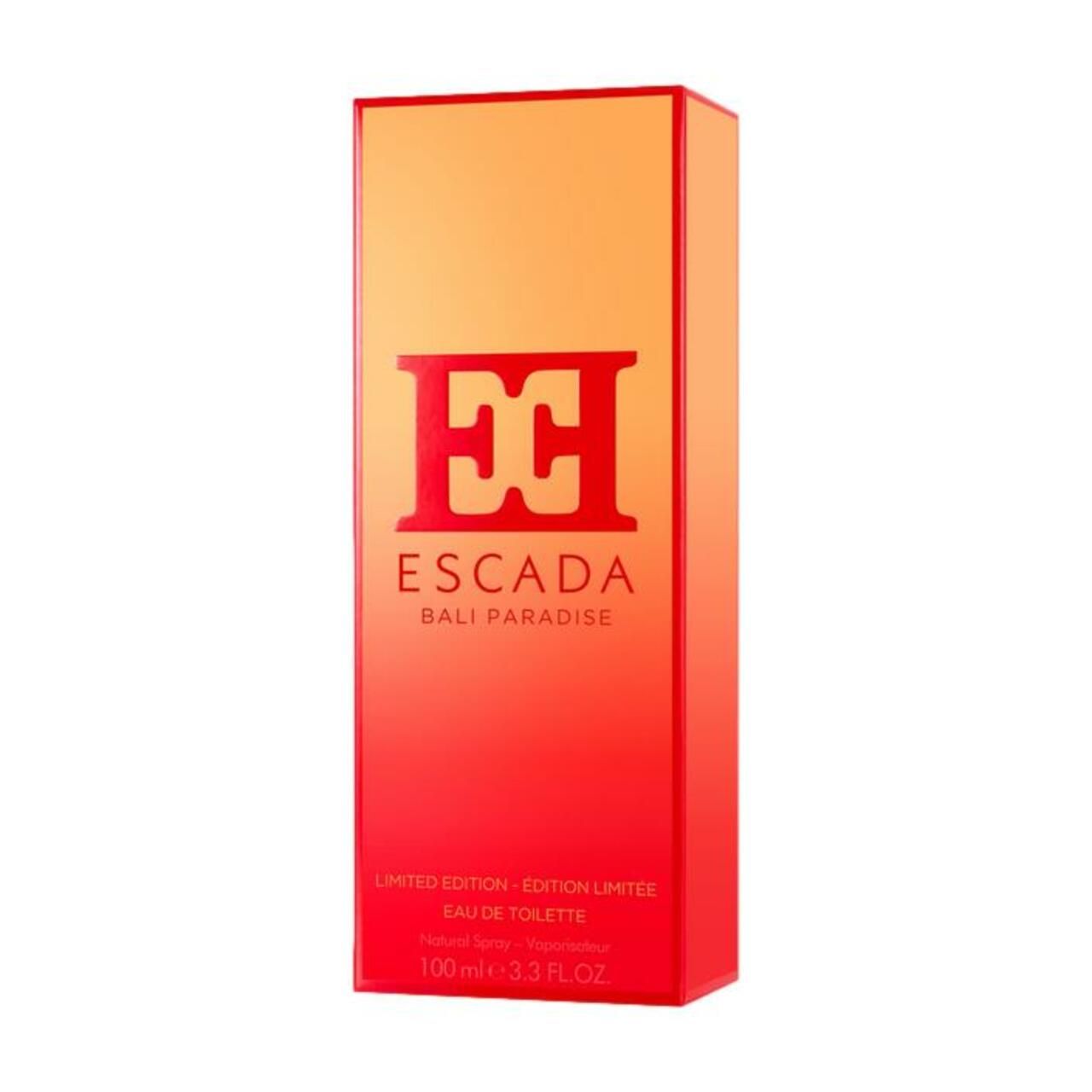 Escada Bali Paradise EdT Nat. Spray, emballage rouge. Emballage rouge avec logo et informations produit.