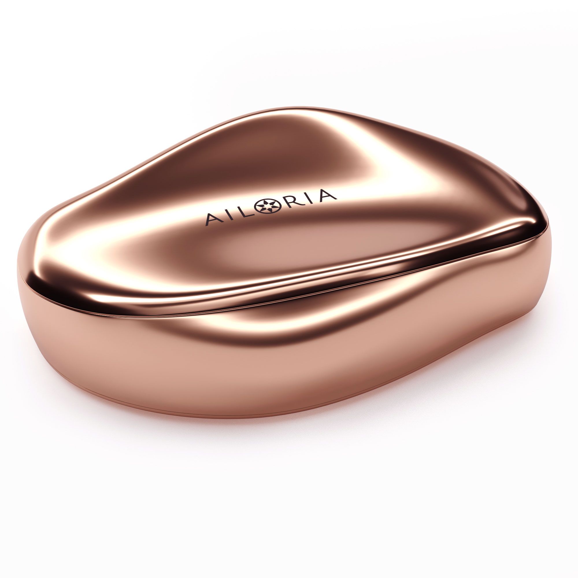 Étui ovale or rose avec logo AILORIA. Surface lisse avec bords arrondis. Inscription AILORIA.