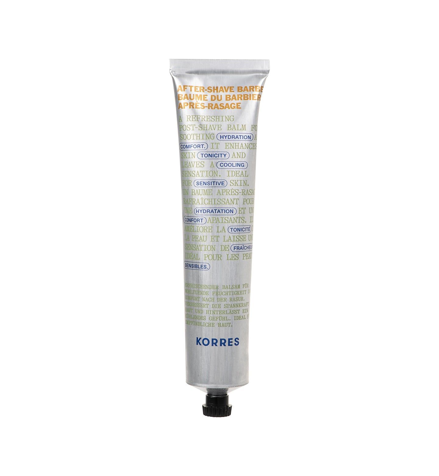 Zilveren tube KORRES After-Shave Balsam. Zwarte dop. Tekst in het Engels en Frans. Productweergave.