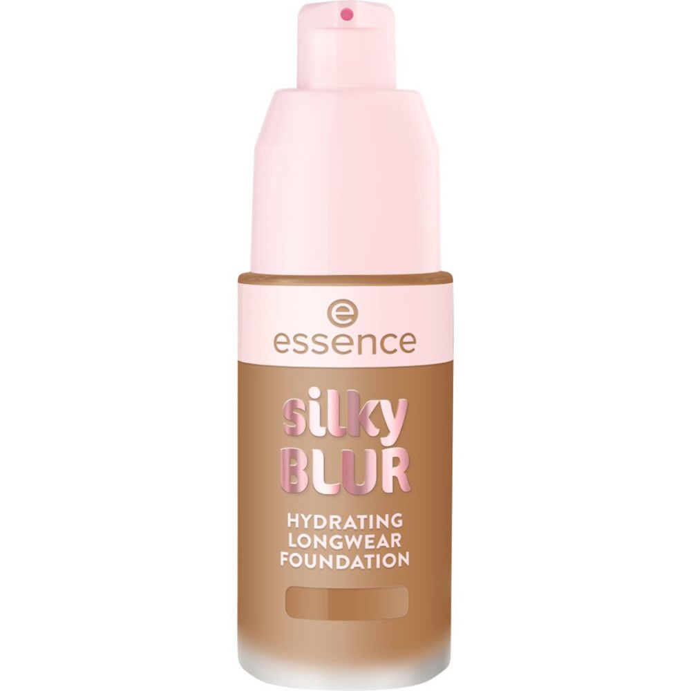 Foundationflesje met roze dop. Opschrift "essence silky BLUR Hydrating Longwear Foundation".