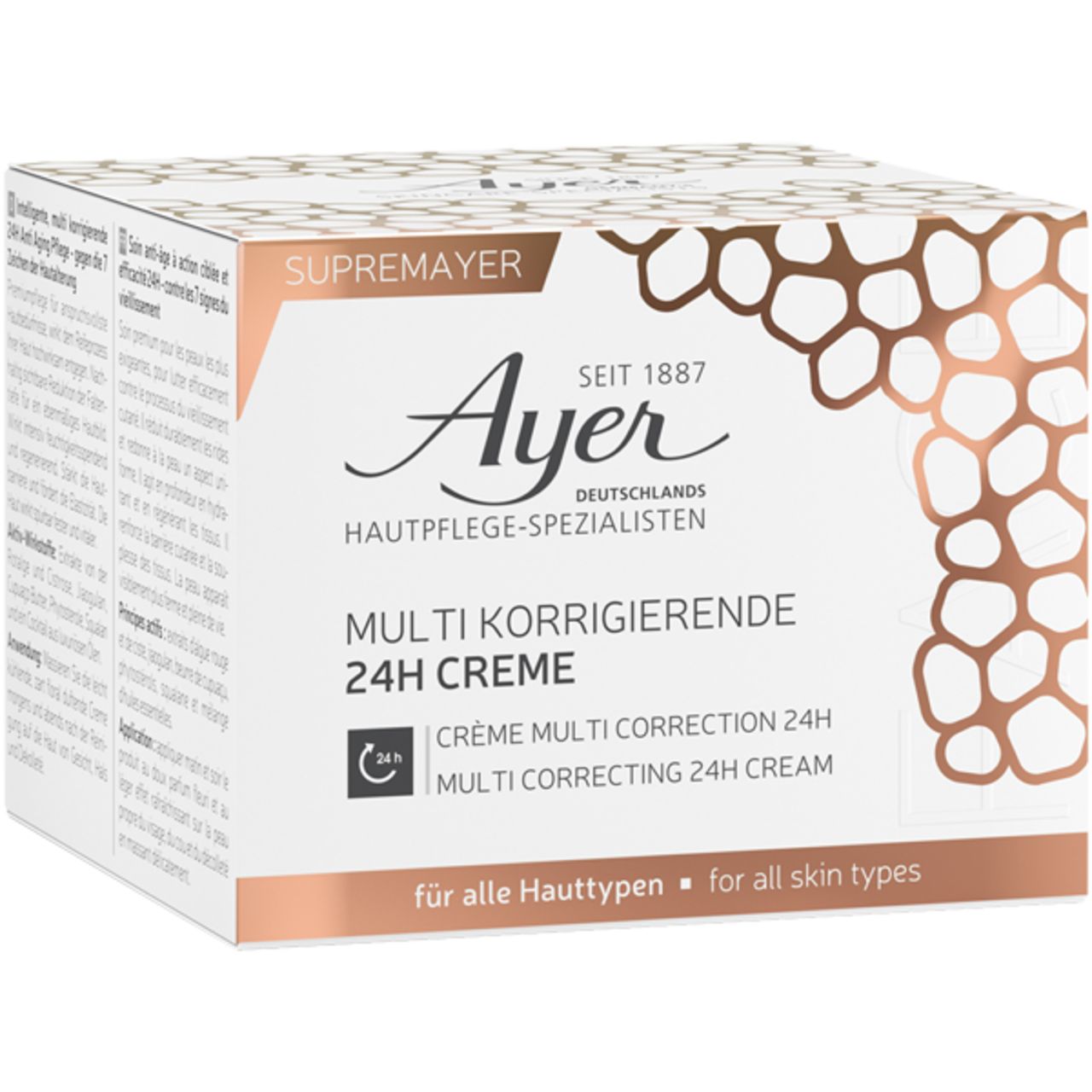 Boîte avec inscription : Ayer, Crème Multi Correctrice 24h. Pour tous types de peau. Logo et texte.