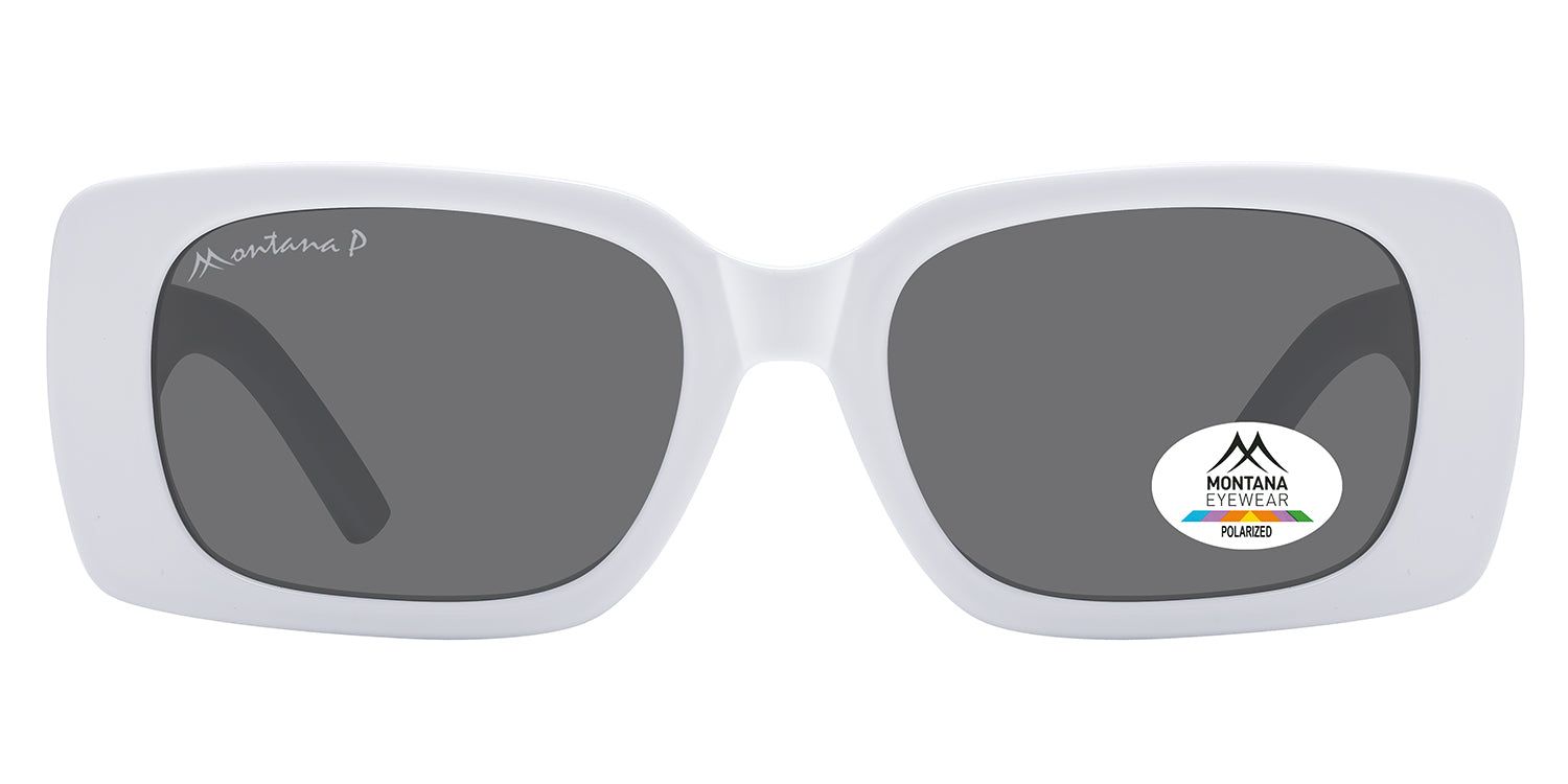 Lunettes de soleil blanches à verres rectangulaires. Branches et verres noirs. Logo Montana Eyewear et autocollant de polarisation.