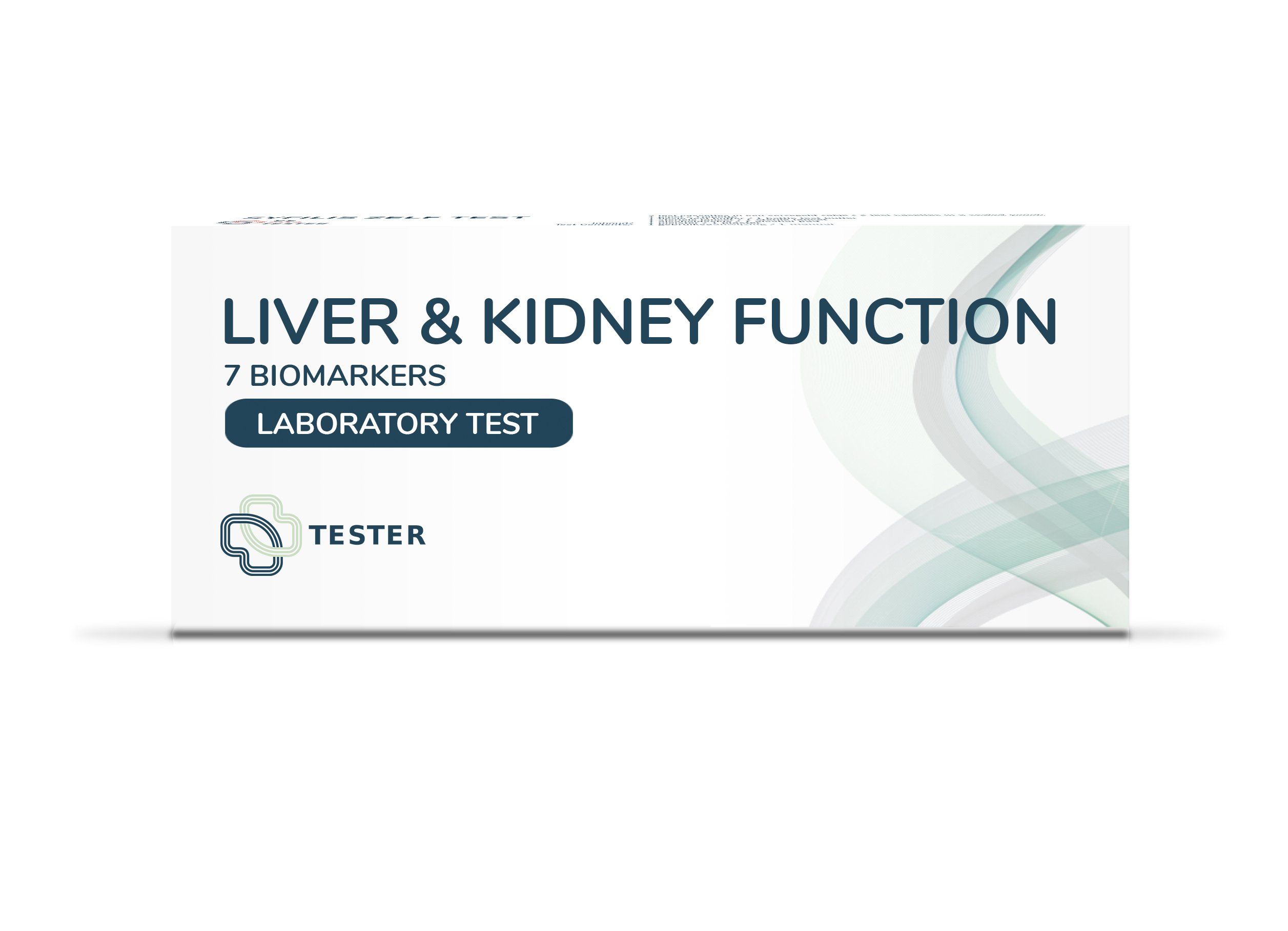 Doos met tekst "LIVER & KIDNEY FUNCTION". Bevat 7 biomarkers. Laboratoriumtest. Merk: Tester. Wit met blauwe en groene elementen.
