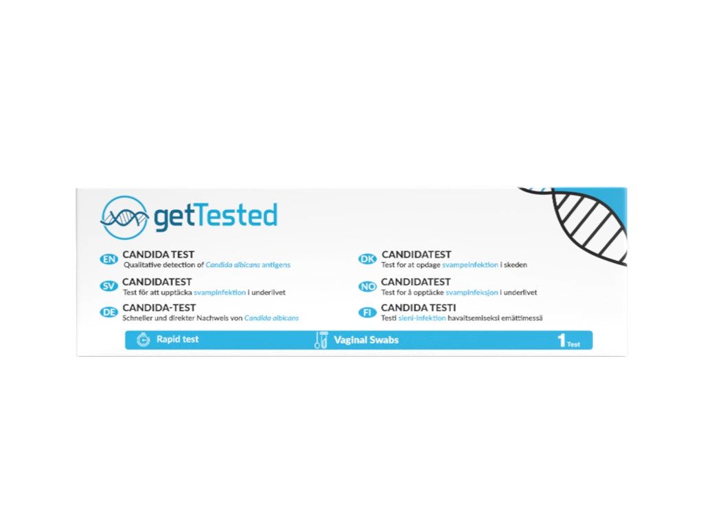 Emballage du test getTested Candida. Inscription: CANDIDA TEST. Contient un test. Également écrit: Vaginal Swabs.