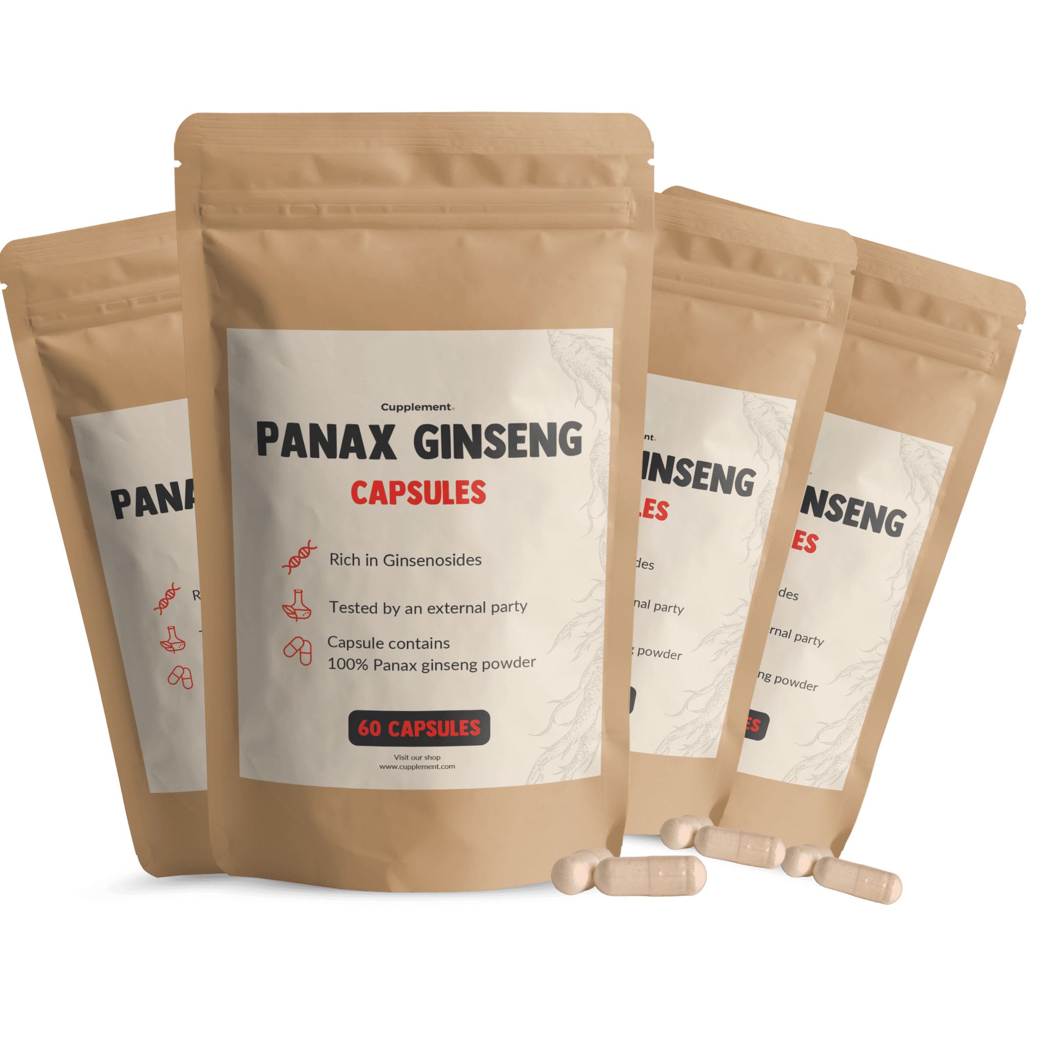 Meerdere zakjes met Panax Ginseng capsules. Opschrift: 60 capsules. Bruine verpakking met wit etiket.