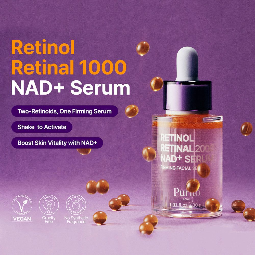 Sérum Purito Retinol Retinal 2000 NAD+ avec sceaux : Vegan, Cruelty-Free, Sans Parfum.