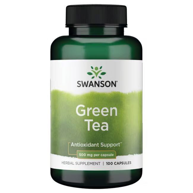 Flacon de capsules de thé vert Swanson. 500 mg par capsule. 100 capsules. Support antioxydant.