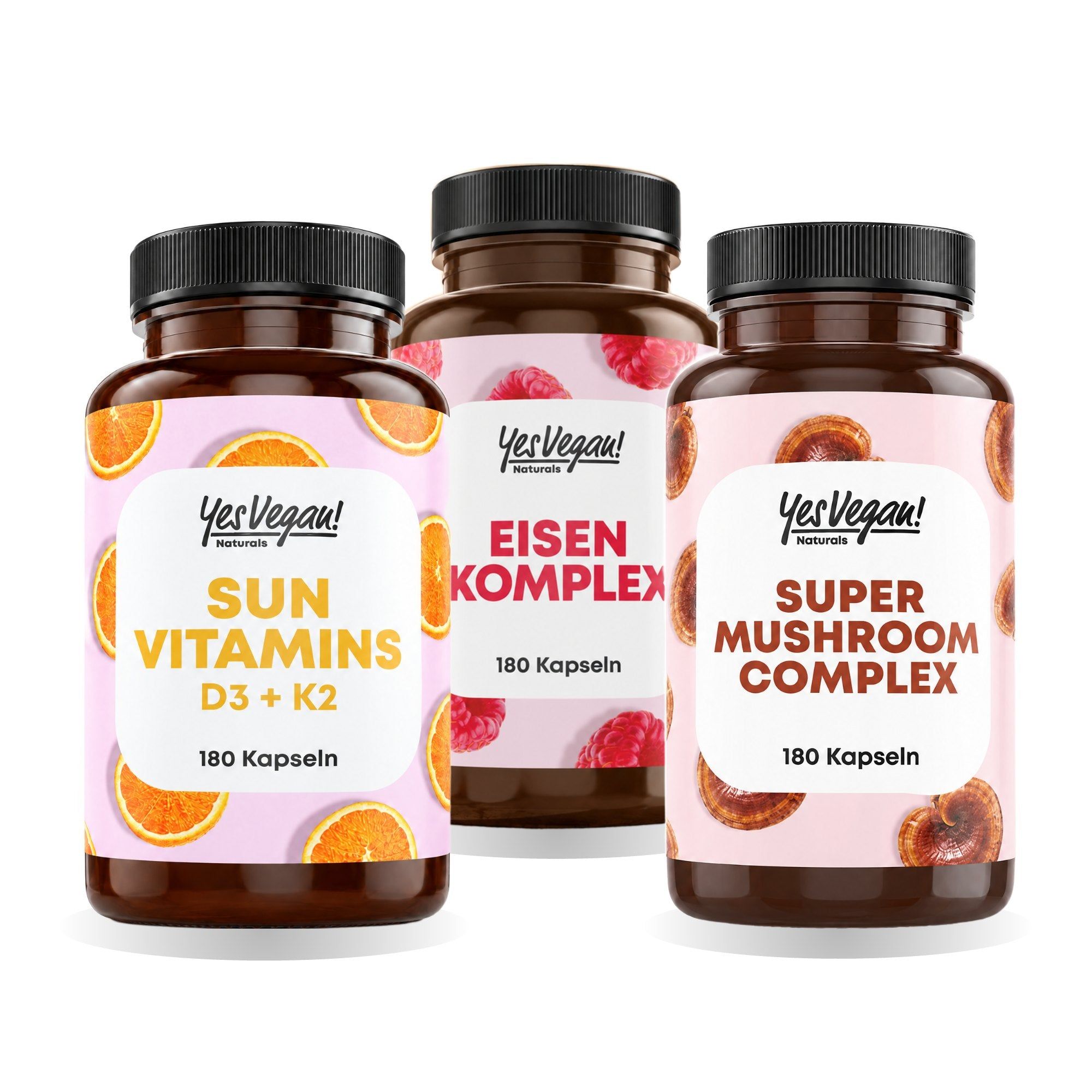Trois bouteilles de compléments alimentaires : Sun Vitamins, Complexe de Fer et Complexe Super Champignon.